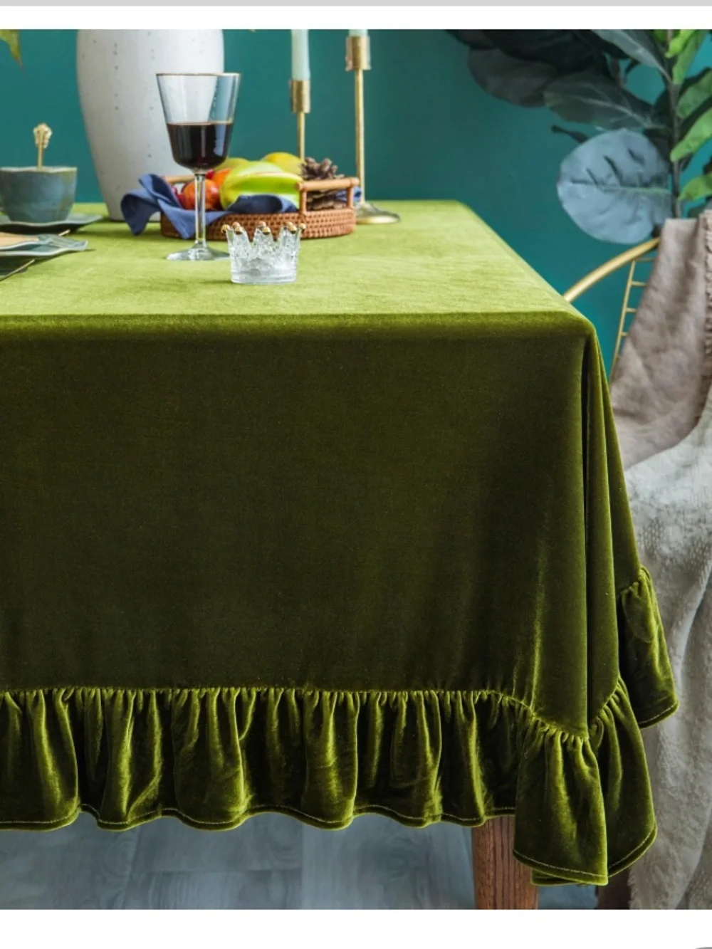Velvet Ruffled Tablecloth in Olive Green - Home Dining Oblong 52x70”